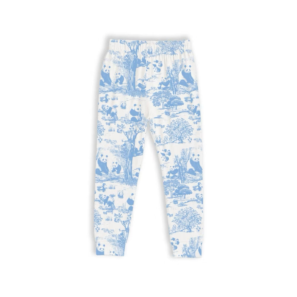 Blue and white patterned bamboo kids pyjama leggings with panda and bear design on a white background — soft, breathable, eczema-friendly sleepwear.