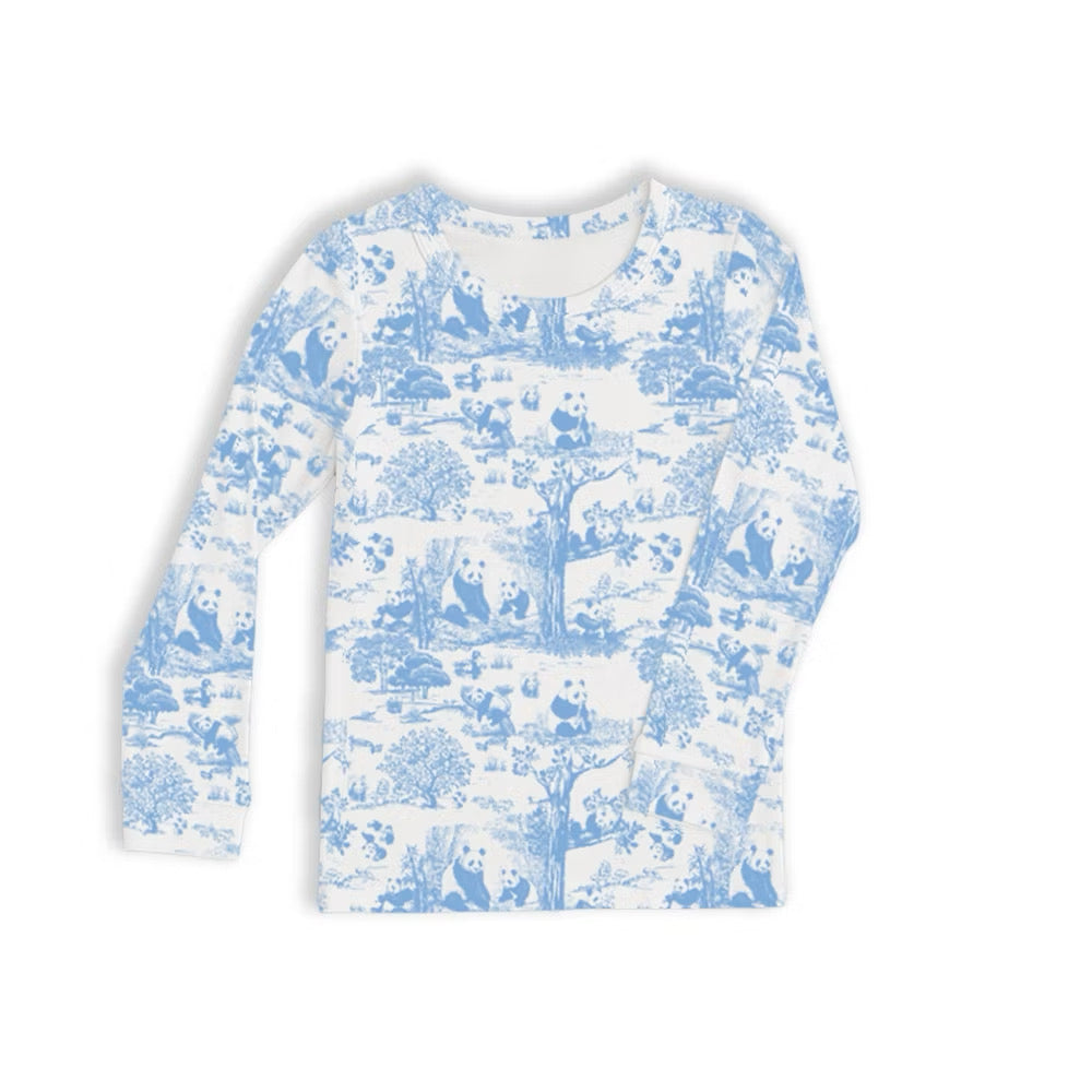 Blue and white patterned long sleeve bamboo kids pyjamas shirt on a white background — soft, breathable, eczema-friendly sleepwear.
