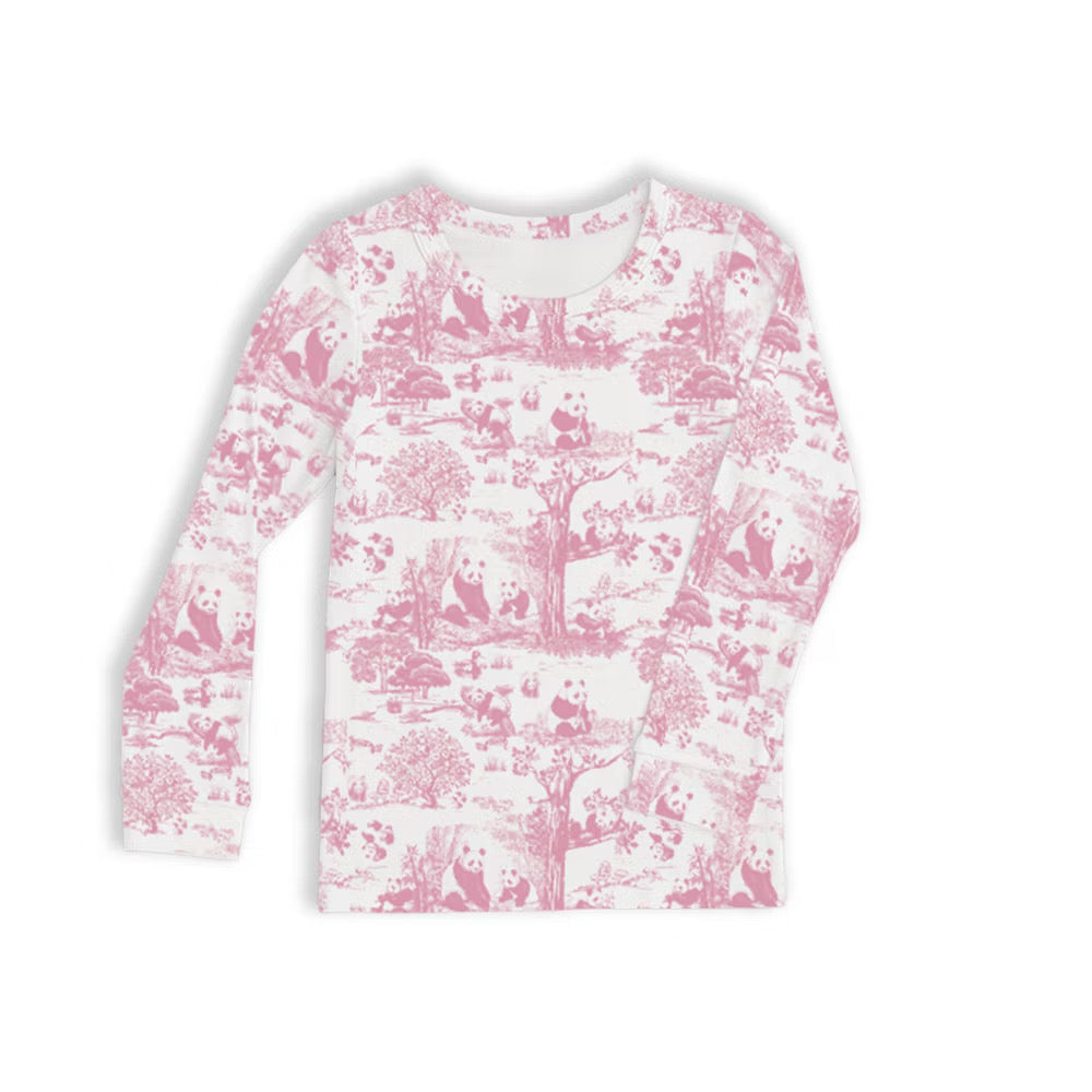 Pink and white patterned long sleeve bamboo kids pyjamas shirt on a white background — soft, breathable, eczema-friendly sleepwear.