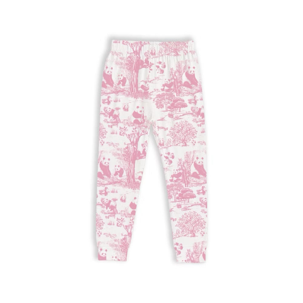 Pink and white patterned bamboo kids pyjama pants on a white background — soft, breathable, eczema-friendly sleepwear.