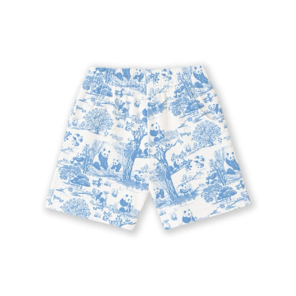Blue and white patterned bamboo kids pyjama shorts on a white background — soft, breathable, eczema-friendly sleepwear.