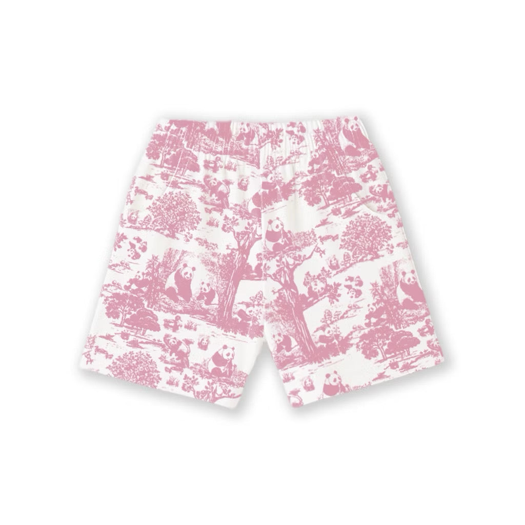 Pink and white patterned bamboo kids pyjama shorts on a white background — soft, breathable, eczema-friendly sleepwear.