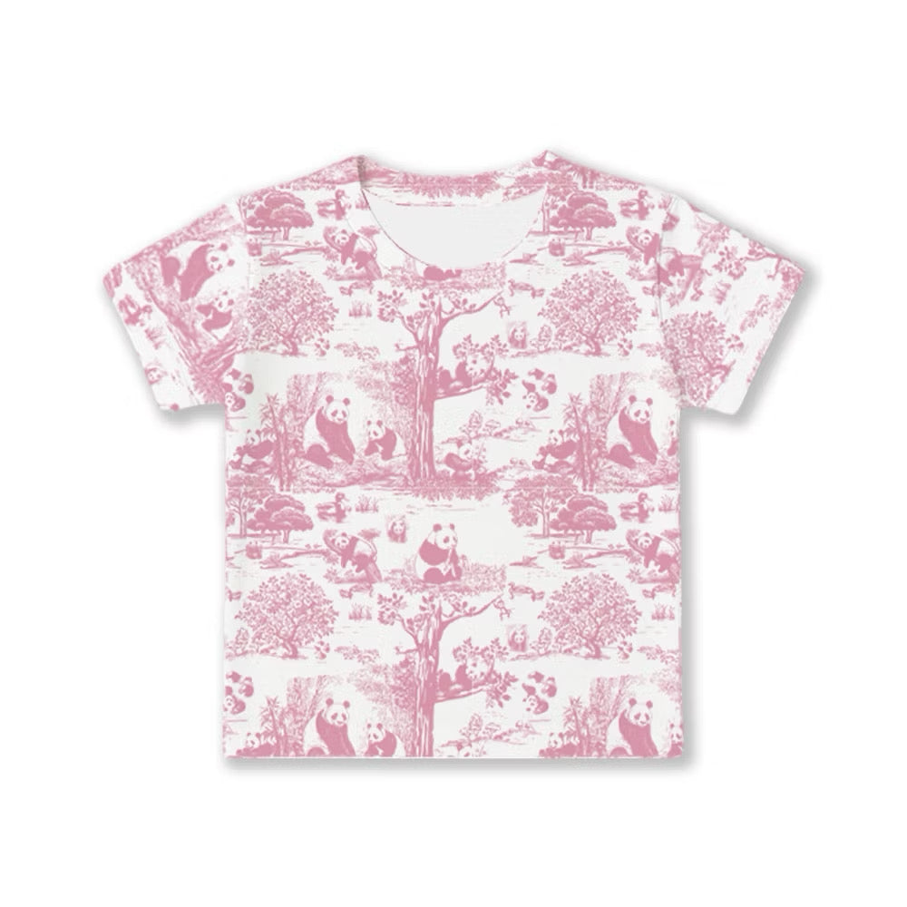 White bamboo kids pyjama t-shirt with pink panda and tree pattern on a white background — soft, breathable, eczema-friendly sleepwear.