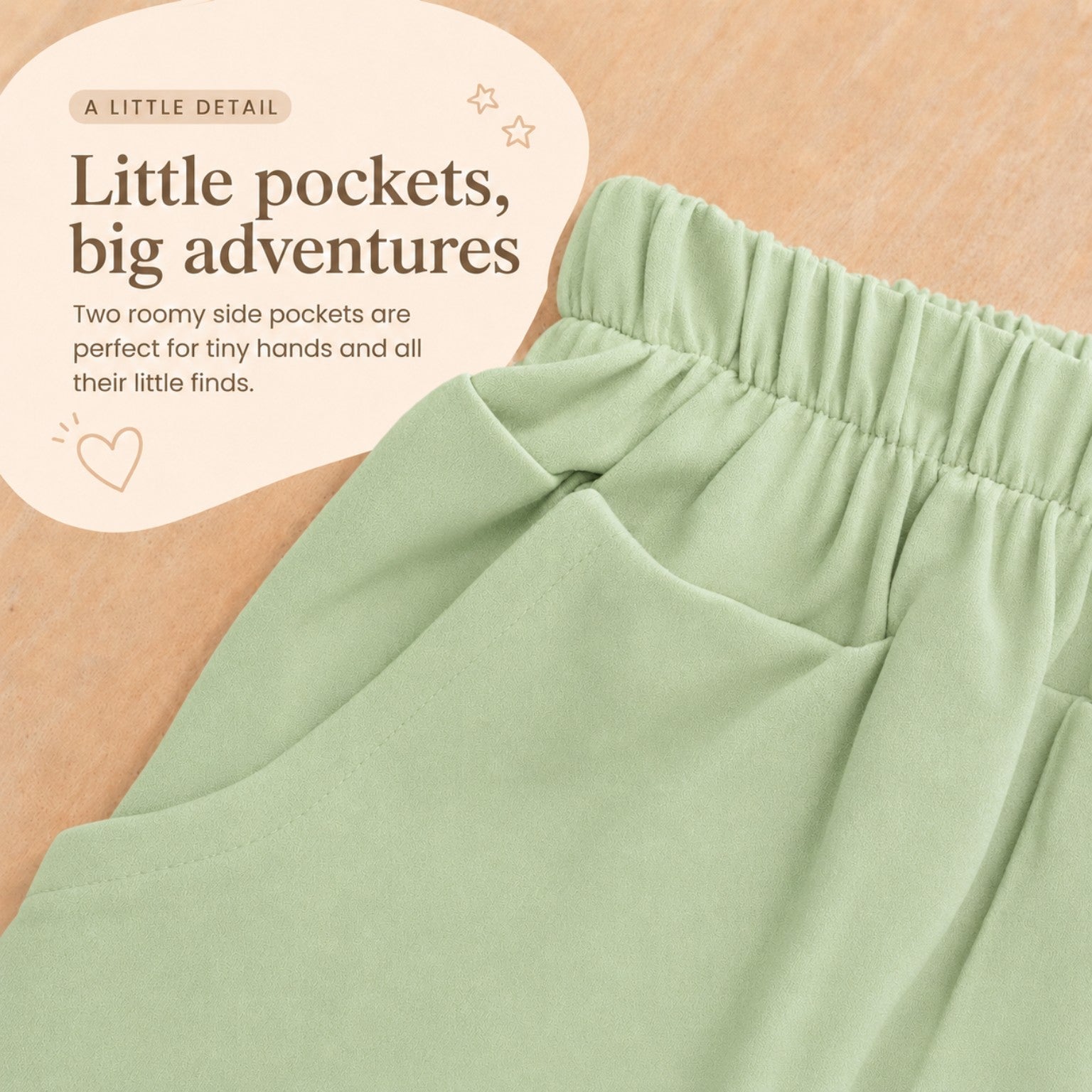 Farmer's Market bamboo kids shorts roomy side pockets detail