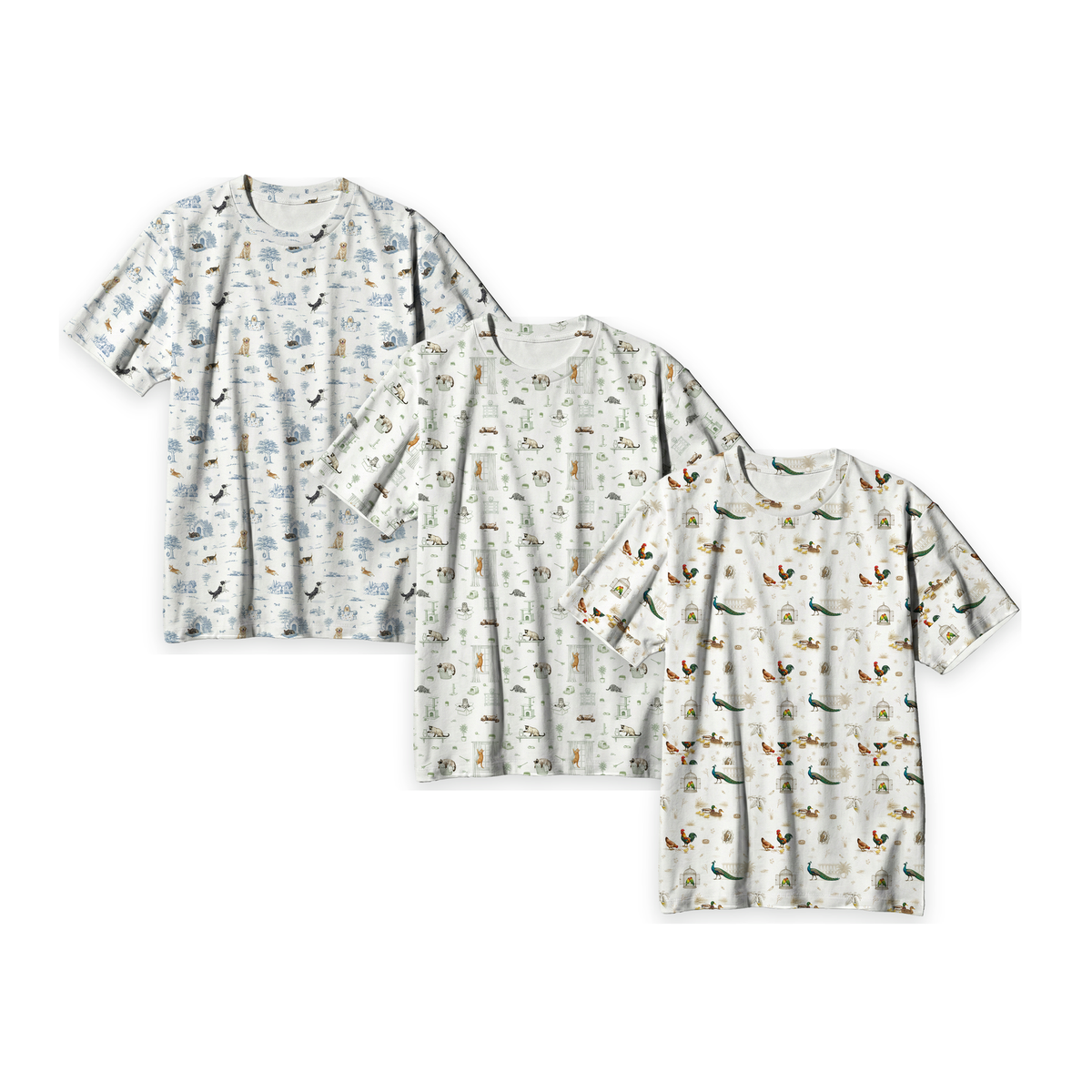 Aligned three-shirt product hero v2 — Open Meadows Adult Unisex Bamboo Short Sleeve Top
