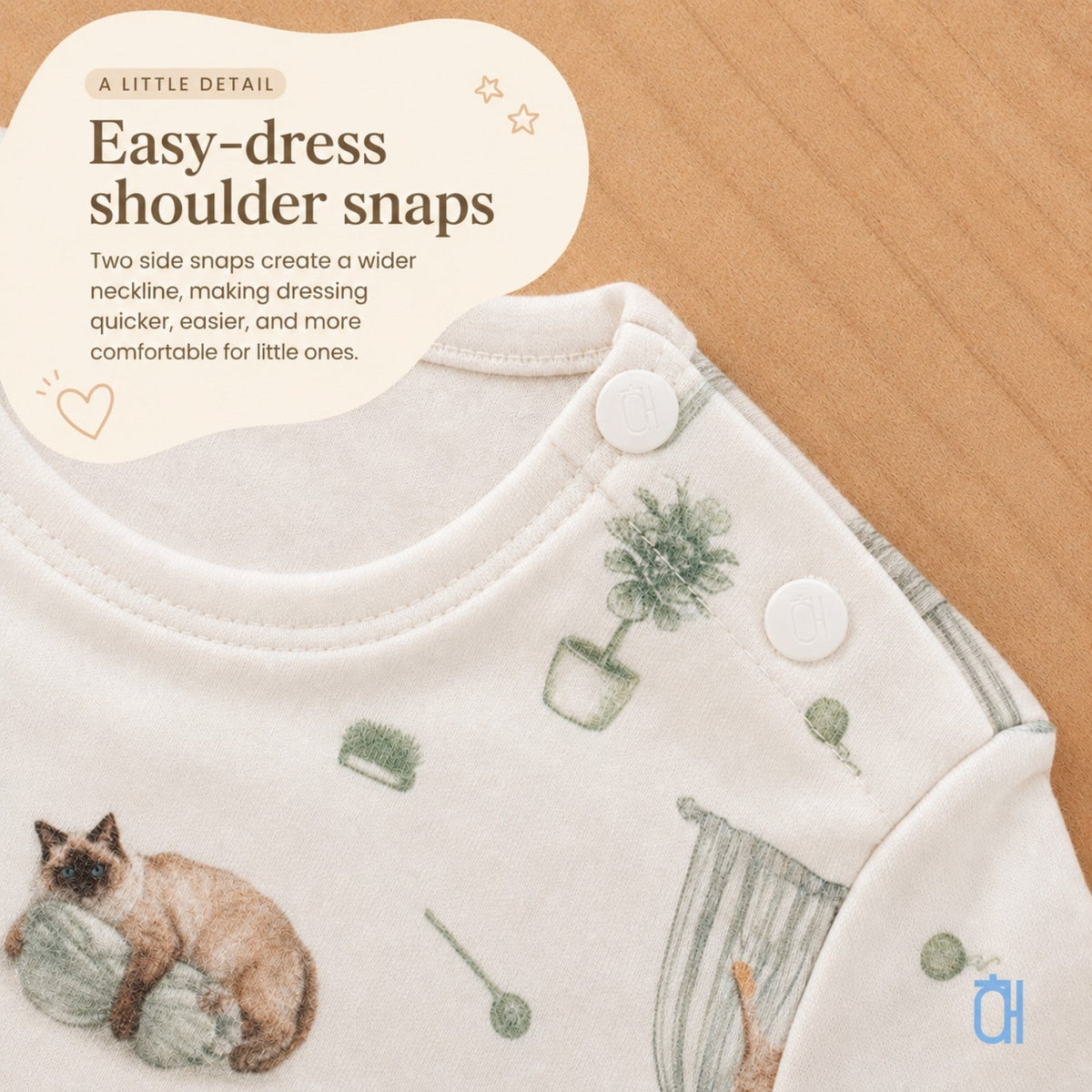 Open Meadows bamboo snap romper easy-dress shoulder snaps detail