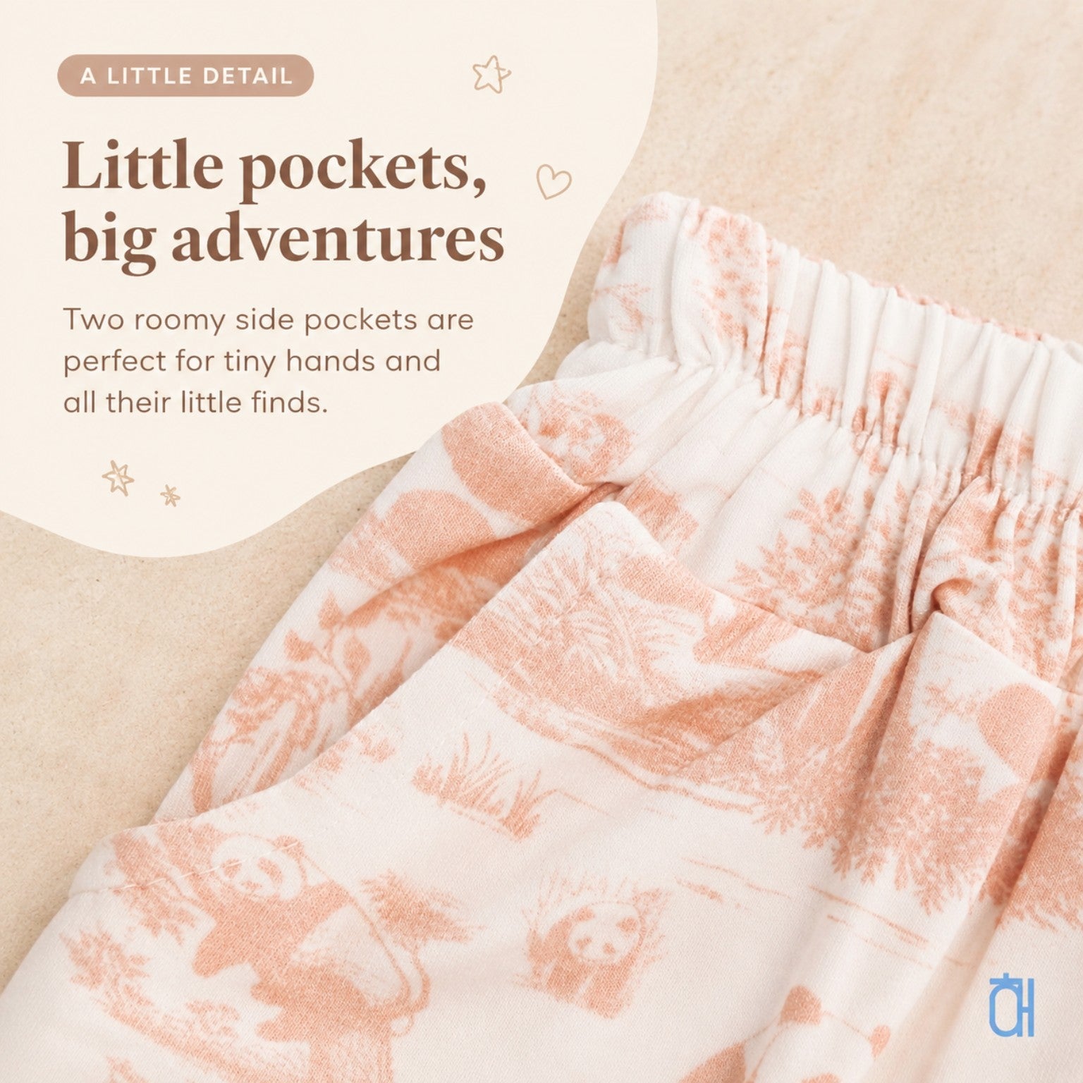Porcelain Panda bamboo kids shorts roomy side pockets detail