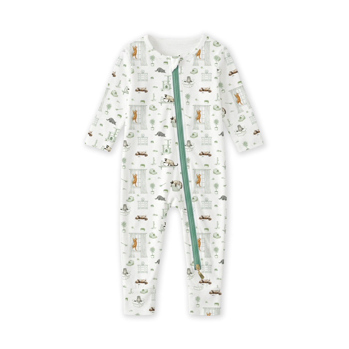 Open Meadows Bamboo Zip Sleep Suit Romper with HaeZip™ in Cat print