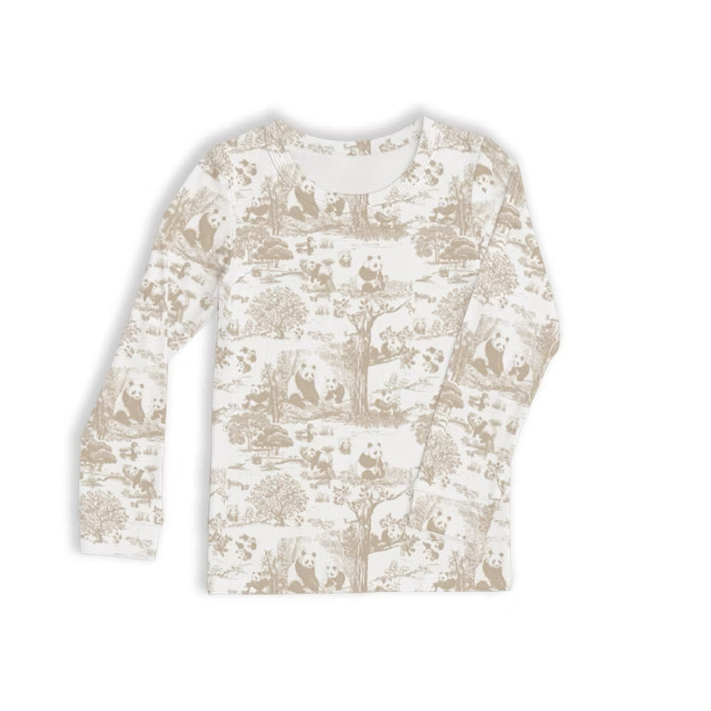 Long sleeve bamboo kids pyjamas shirt in beige and white pattern on a white background — soft, breathable, eczema-friendly sleepwear.