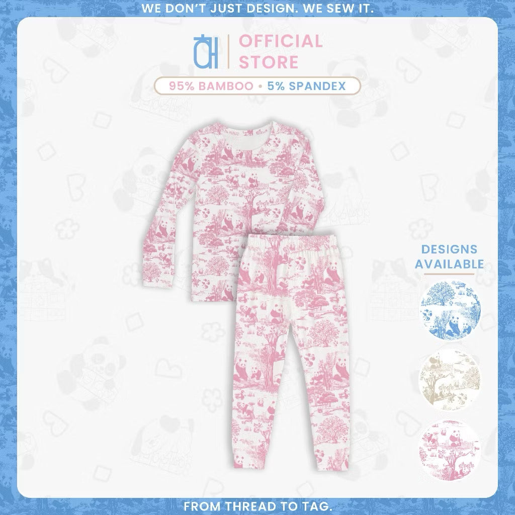 bamboo kids pyjama set with text showing bamboo and spandex fabric content and design options, displayed on a blue gradient background — soft, breathable, eczema-friendly sleepwear.