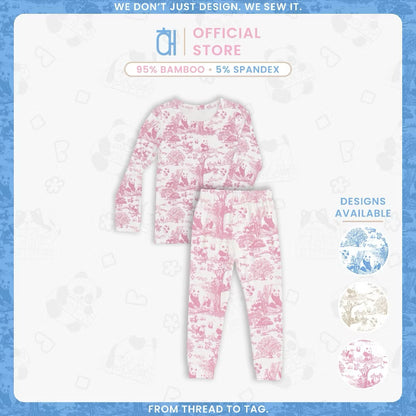 bamboo kids pyjama set with text showing bamboo and spandex fabric content and design options, displayed on a blue gradient background — soft, breathable, eczema-friendly sleepwear.