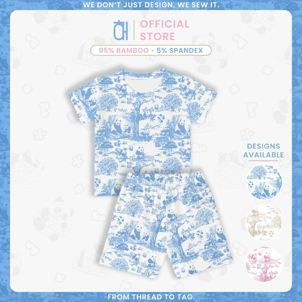 Bamboo kids pyjama set with blue panda pattern on a white background featuring ‘Official Store’ branding — soft, breathable, eczema-friendly sleepwear.