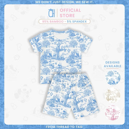Bamboo kids pyjama set with blue panda pattern on a white background featuring ‘Official Store’ branding — soft, breathable, eczema-friendly sleepwear.