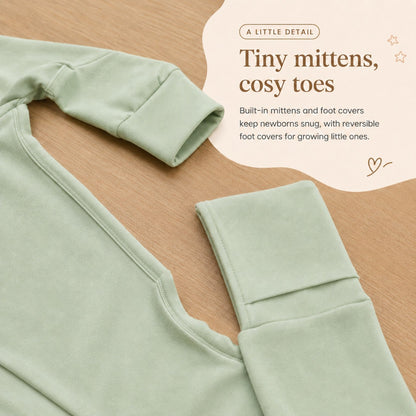 Farmer's Market bamboo sleep suit built-in mittens and reversible foot covers detail