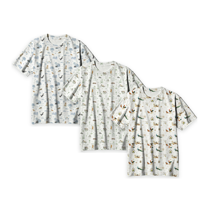 Aligned three-shirt product hero v2 — Open Meadows Adult Unisex Bamboo Short Sleeve Top