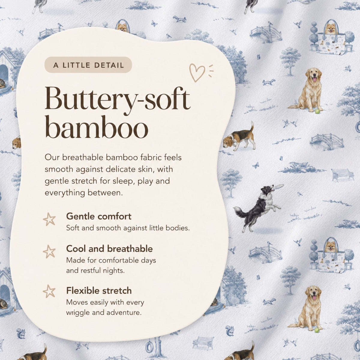Open Meadows Dog buttery-soft bamboo fabric benefits: gentle comfort, cool breathability and flexible stretch