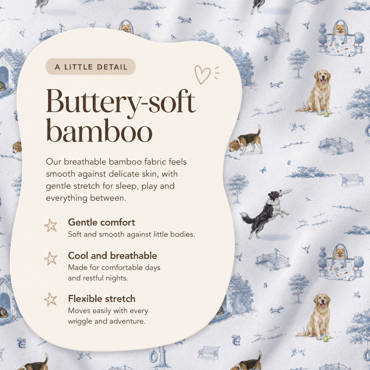 Open Meadows buttery-soft bamboo fabric benefits: gentle comfort, cool breathability and flexible stretch
