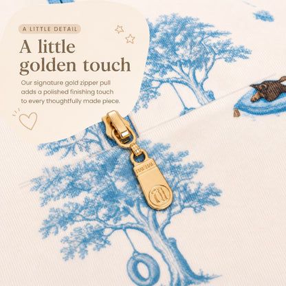 Open Meadows signature gold Hae Hae zipper pull detail
