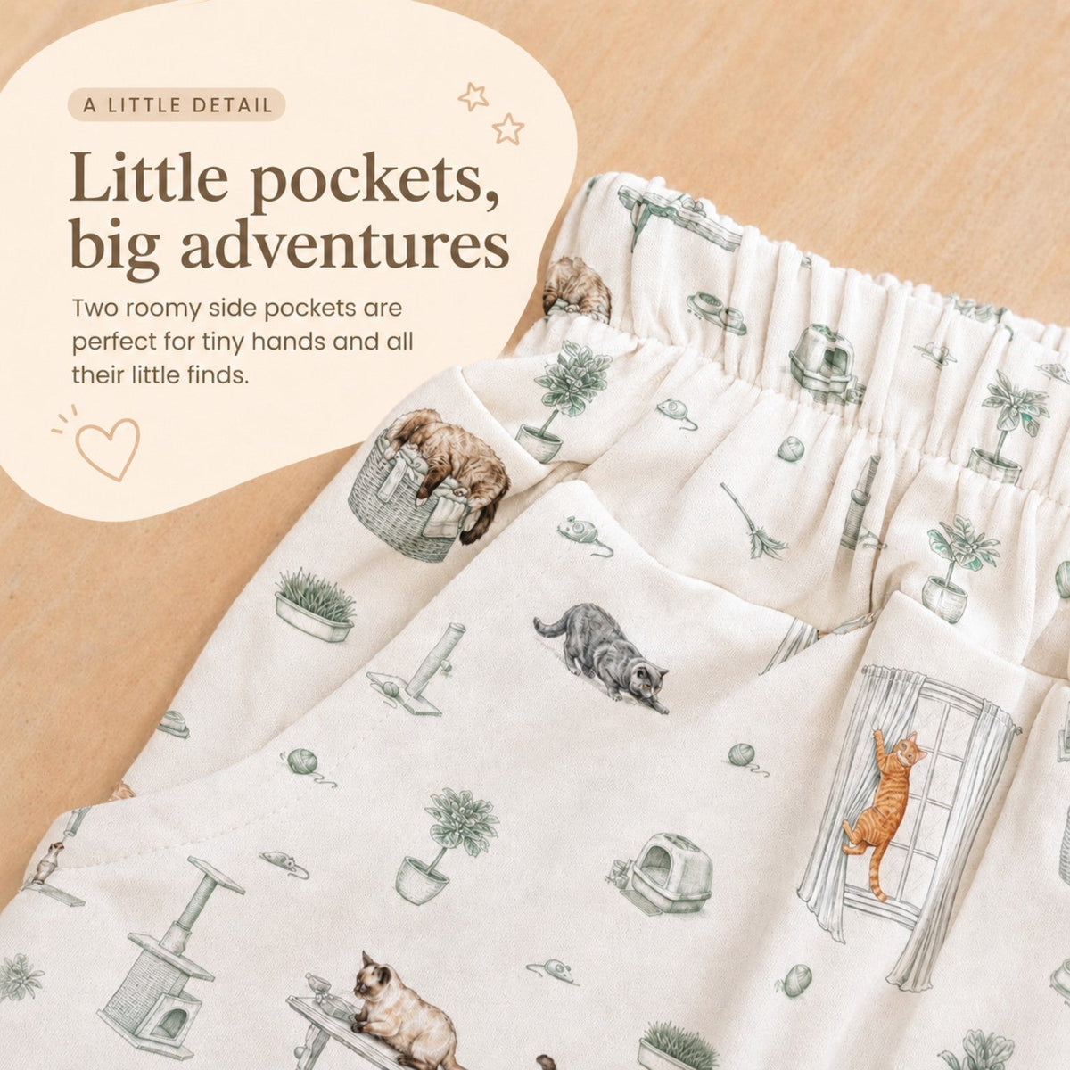 Open Meadows bamboo kids shorts roomy side pockets detail
