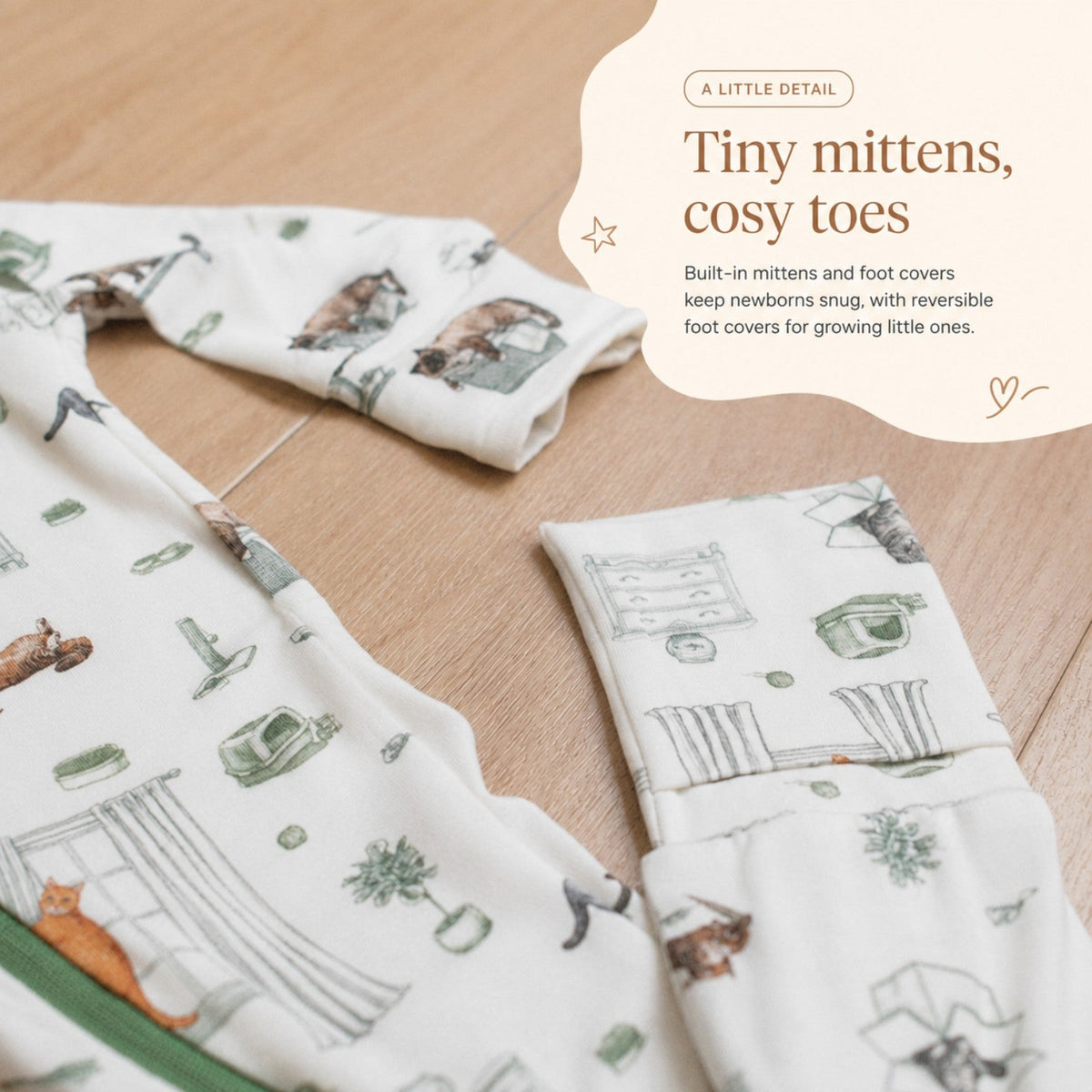 Open Meadows bamboo sleep suit built-in mittens and reversible foot covers detail