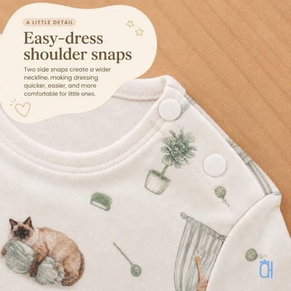 Open Meadows bamboo snap romper easy-dress shoulder snaps detail