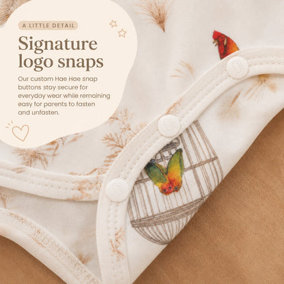 Open Meadows bamboo snap romper signature Hae Hae logo snaps detail