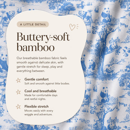 Porcelain Panda buttery-soft bamboo fabric benefits: gentle comfort, cool breathability and flexible stretch