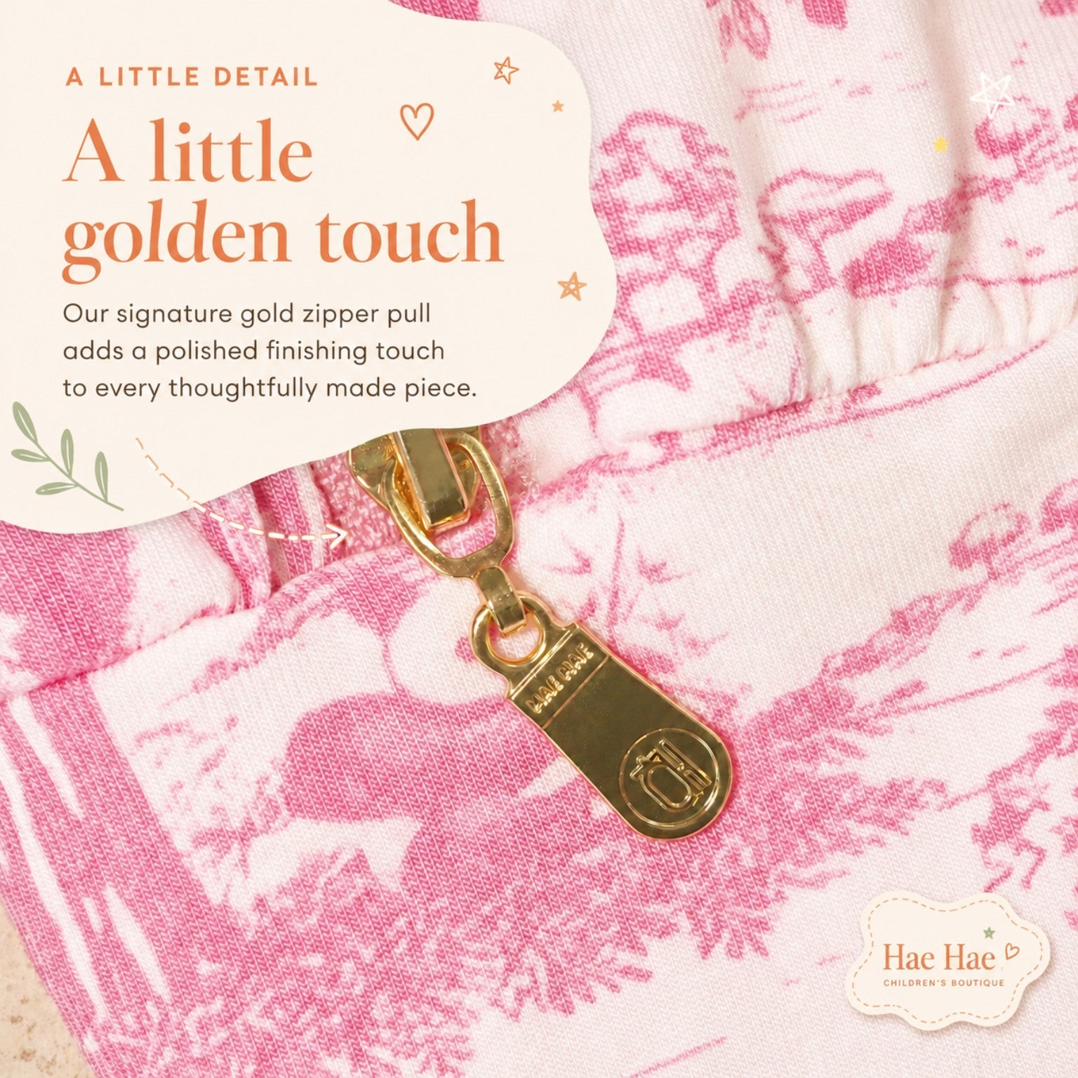 Porcelain Panda bamboo sleep suit signature gold Hae Hae zipper pull detail