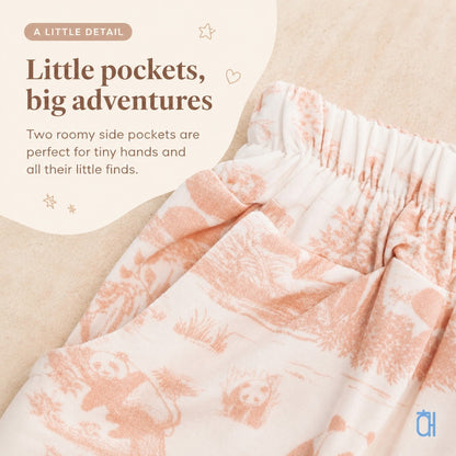 Porcelain Panda bamboo kids shorts roomy side pockets detail