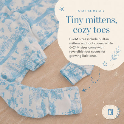 Porcelain Panda bamboo sleep suit built-in mittens and reversible foot covers detail